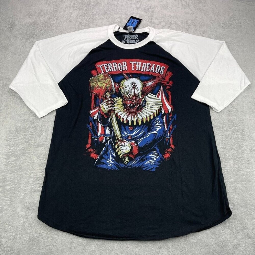 Terror Threads Shirt Mens Large Black White Raglan Halloween Horror Killer Clown